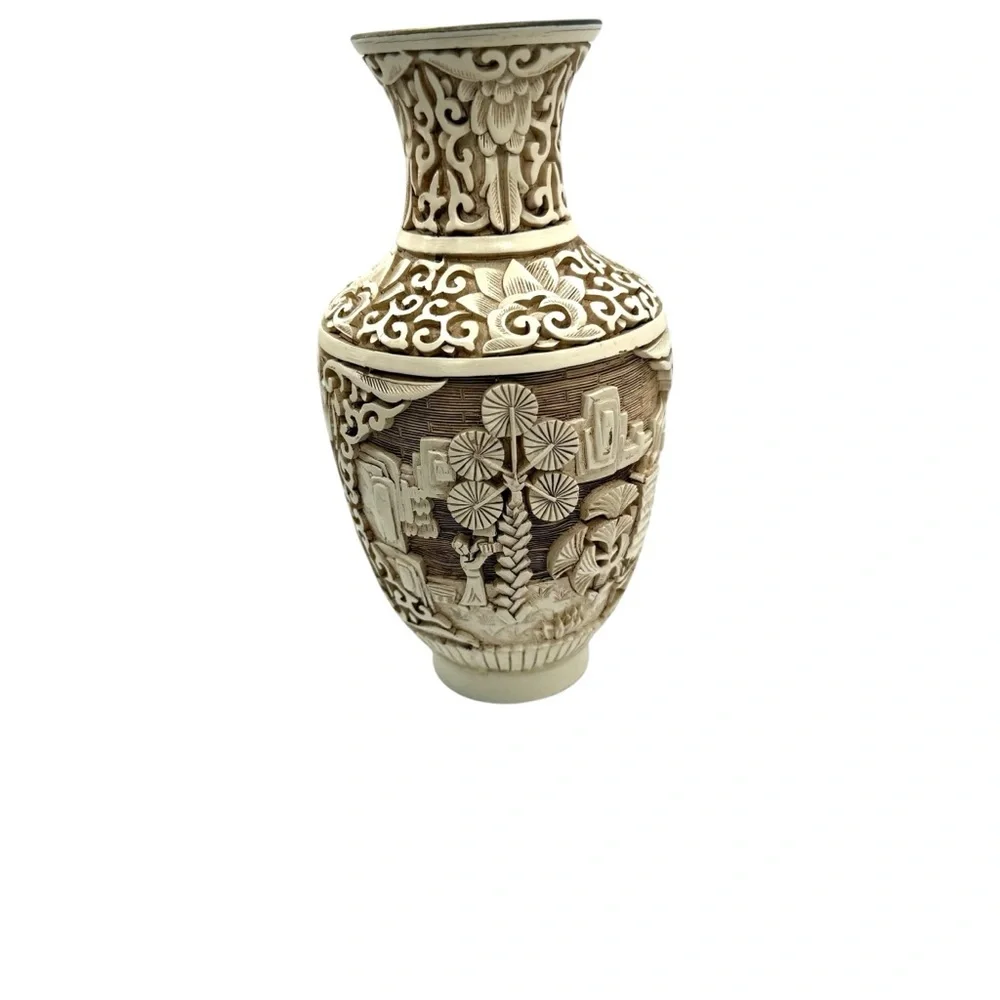 Ivory‎ Dynasty 1982 Arnart Imports Carved Cinnabar & Brass Vase Asian Inspired